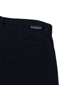 Dunkelblaue Jeans mit einem dezenten Fischgrätmuster, ausgestattet mit einer Gesäßtasche und einem aufgenähten Jack & Jones-Label am Bund.