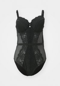 Melnas bodijs ar polsterētām, mežģīņu apmalēm, caurspīdīgu sietu ar ziedu rakstu un gludu, vienkrāsainu apakšējo daļu. Regulējamas siksnas.