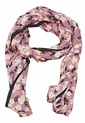 Sciarpa viola chiaro con motivo floreale bianco e giallo pallido, accenti di foglie nere e un sottile bordo nero lungo i margini.