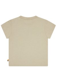 Lichtbeige t-shirt met korte mouwen en een ronde hals, gladde textuur en een klein multicolored etiket aan de zoom.
