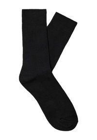 Calcetines de algodón negros con textura de canalé y puntera reforzada. El diseño es de longitud estándar con una parte superior elástica para un mejor ajuste.