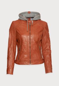 Braune Lederjacke mit grauer Kapuze, Reißverschluss vorne und Seitentaschen. Mit geschwungenen Nähten und strukturierter Oberfläche. Midilanger Schnitt.