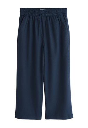 Dunkelblaue Hosen mit weitem Bein, elastischem Bund und Seitentaschen.