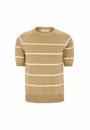 Bež pulover s kratkim rukavima od pletenine s bijelim horizontalnim prugama i okruglim izrezom.