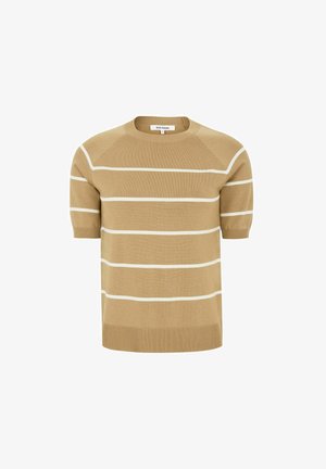 Beige gebreide trui met korte mouwen, voorzien van witte horizontale strepen en een ronde hals.