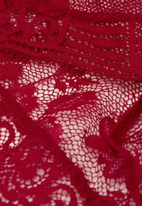 Bordeaux kanten stof met intrigerende bloemmotieven, fijne mazenstructuur en gegolfde randen, met een delicate, gelaagde uitstraling.