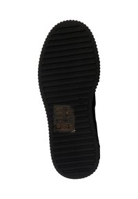 Suola di scarpa in gomma nera con righe orizzontali e una sezione trasparente che mostra icone grafiche per le istruzioni di cura.
