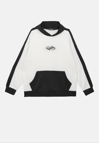 Hoodie surdimensionné en noir et blanc, avec une poche avant, des poignets côtelés et un graphisme logo sur la poitrine. Texture de tissu douce.