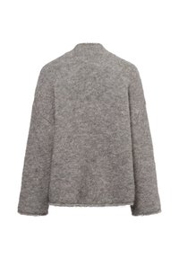 Hellgrauer Wollpullover, oversized Design mit strukturiertem Finish. Lange Ärmel und runder Ausschnitt, ausgestattet mit einem lässigen Schnitt.