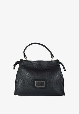 Borsa a mano in pelle nera con finitura testurizzata, manico superiore e dettaglio rettangolare in metallo sulla parte anteriore. Design compatto, forma strutturata.