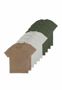 Set van t-shirts in beige, lichtgrijs, donkergrijs en olijfgroen. Ronde hals, korte mouwen, gemaakt van katoen, met een gladde textuur.