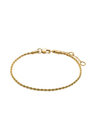 Złocona bransoletka o skręconym wzorze, z zapięciem i łańcuszkiem przedłużającym umożliwiającym regulację długości. Gładka faktura i błyszczące wykończenie.