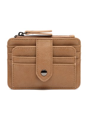 Compact tan leather wallet with zipper compartment, multiple card slots, and a front snap closure strap.