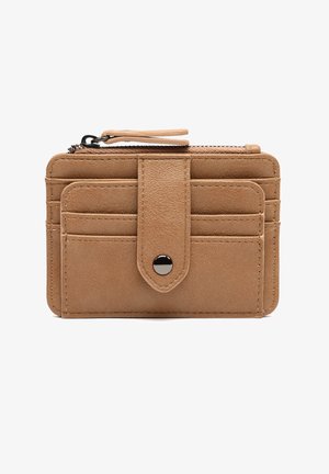 Compact tan leather wallet with zipper compartment, multiple card slots, and a front snap closure strap.