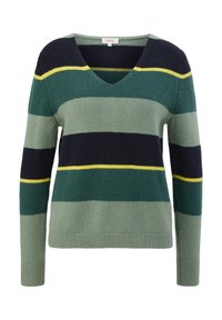 Grüner und marineblauer gestreifter Pullover mit V-Ausschnitt, aus weichem Material gefertigt. Verfügt über horizontale Streifen in Dunkelgrün, Hellgrün, Marine und Gelb.
