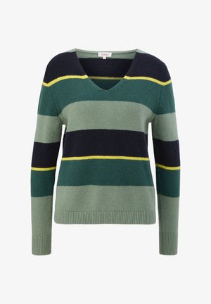 Groen en marineblauw gestreepte trui met een V-hals, gemaakt van zachte stof. Bevat horizontale strepen in donkergroen, lichtgroen, marineblauw en geel.