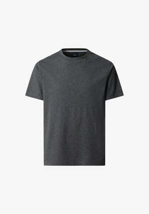 Tamnosiva majica s kratkim rukavima i okruglim izrezom, ravnim rubom i bez vidljivih uzoraka ili logotipa.