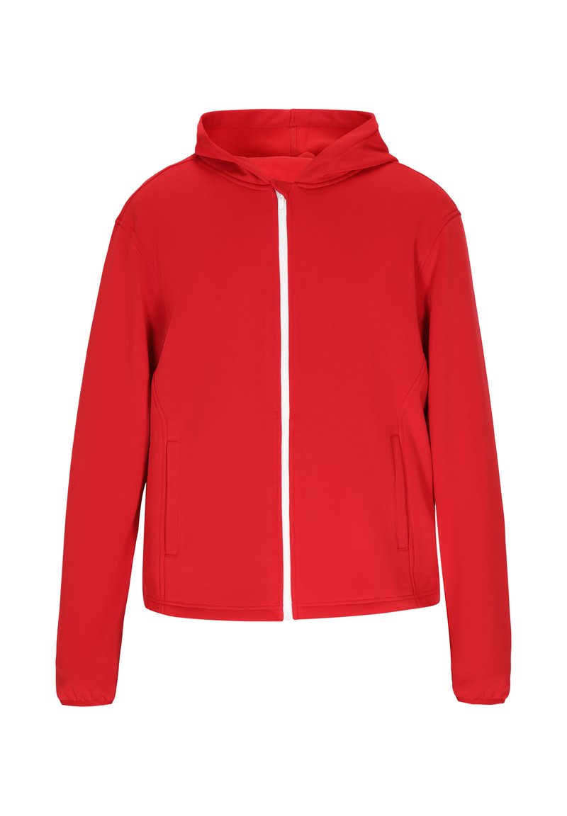 Rød zip-up hættetrøje med lange ærmer, ensfarvet, med hvid lynlås og sidelommer, lavet af glat, let stof.