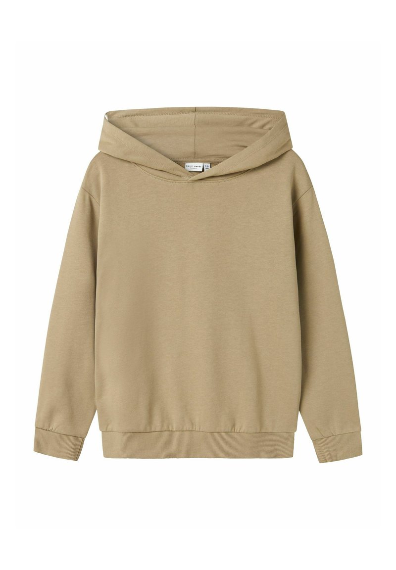 Beige hoodie with a loose fit, large hood, and ribbed cuffs. Made of soft cotton fabric, with a smooth texture and minimal design.