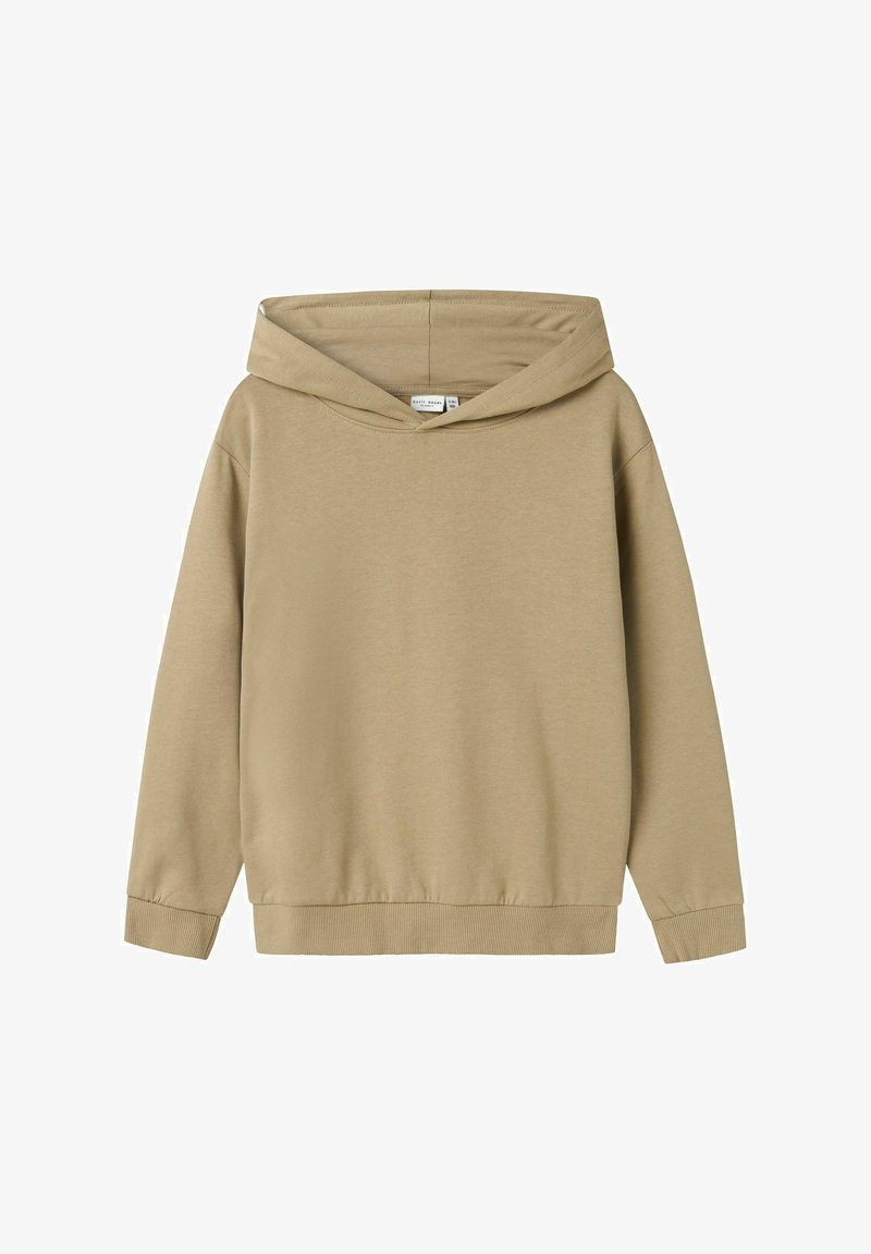 Beige hoodie with a loose fit, large hood, and ribbed cuffs. Made of soft cotton fabric, with a smooth texture and minimal design.