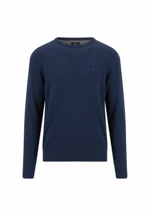 Marineblauer Rundhalspullover mit langen Ärmeln und gerippten Bündchen und Saum, dargestellt vor weißem Hintergrund.