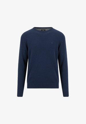 Granatowy sweter z okrągłym dekoltem, długimi rękawami oraz prążkowanymi mankietami i dołem, prezentowany na białym tle.