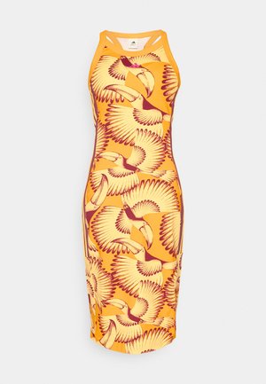 Orange fitted dress featuring a repeating pattern of yellow and maroon toucans and birds in flight, made from a smooth, stretchy material.