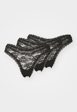 Black lace panties in a pack of three, featuring floral patterns, scalloped edges, and a sheer texture. V-cut design at the front.