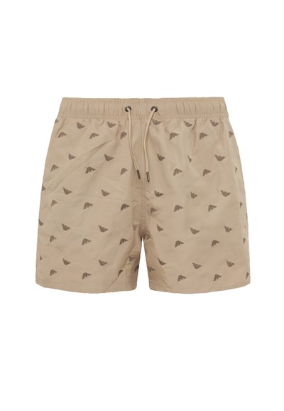 Costumi da bagno beige con vita regolabile tramite cordino, caratterizzati da un motivo a onde marrone scuro ripetuto. Realizzati in tessuto leggero con una texture liscia.