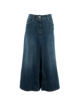 Falda de mezclilla en azul oscuro, hasta la rodilla con una abertura frontal, con un cinturón en la cintura y un cierre de un solo botón.