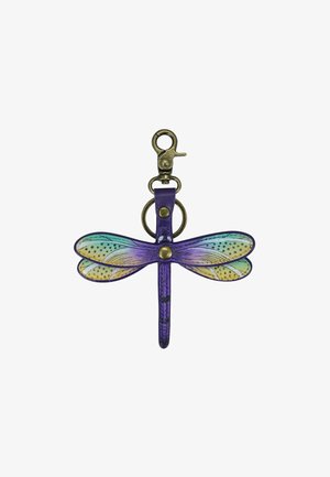 Dragonfly keychain made of purple leather with turquoise and yellow accents, featuring detailed wings and a brass clip attachment.