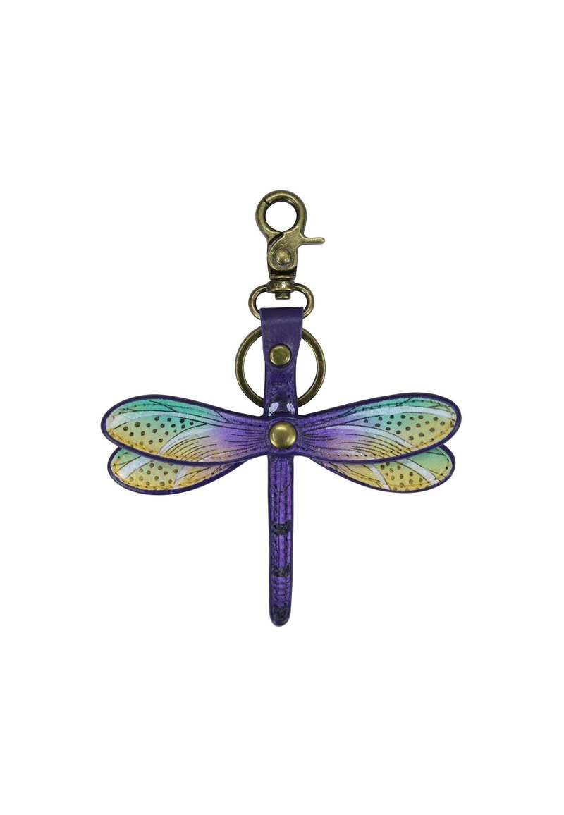 Vleermuis sleutelhanger gemaakt van paarse leather met turkooise en gele accenten, met gedetailleerde vleugels en een messing clipbevestiging.