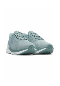 Pair of light teal athletic shoes with mesh fabric, laces, white midsoles, and textured outsoles facing forward on white background.