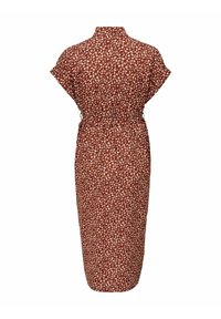 Robe midi marron à manches courtes, motif floral blanc, taille cintrée et détail boutonné dans le dos.