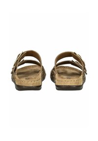 Sandalias de ante marrón con talón abierto, dos correas con hebillas decorativas y suelas texturizadas. Diseño simple y plano para mayor comodidad y facilidad de uso.