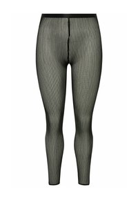 Leggings in rete neri con motivo a righe verticali, vita elastica e tessuto testurizzato per un comfort traspirante e leggero.