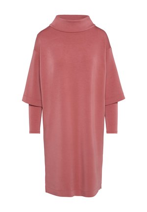 Pārmērīgi liela rozā turtleneck kleita ar īsām piedurknēm, mīksts audums un brīva piegriezuma. Dizains iezīmē mūsdienīgu siluetu ar minimālām šuvēm.