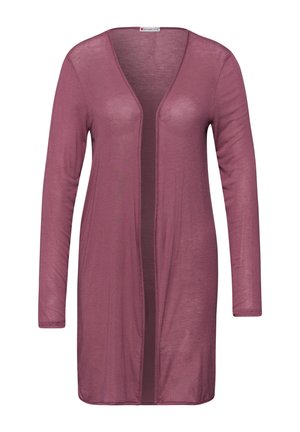 Cardigan léger à manches longues, ouvert sur le devant, en mauve doux avec une texture légère et transparente, longueur aux genoux, avec un ourlet simple.