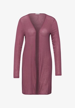 Cardigan léger à manches longues, ouvert sur le devant, en mauve doux avec une texture légère et transparente, longueur aux genoux, avec un ourlet simple.
