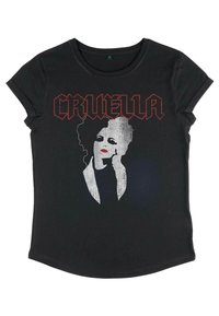 Sort t-shirt lavet af bomuld med et grafisk print af en kvindes ansigt med røde læber og ordet "CRUELLA" i fed rød skrift.