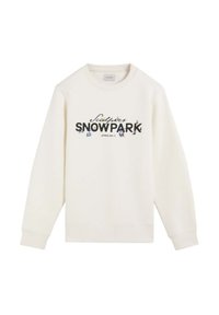 Sudadera de color crema con mangas largas, que presenta un logo gráfico "Snowpark" en negro y detalles coloridos con temática de esquí en el frente.