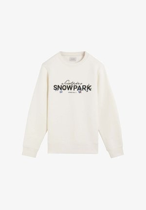 Sudadera de color crema con mangas largas, que presenta un logo gráfico "Snowpark" en negro y detalles coloridos con temática de esquí en el frente.