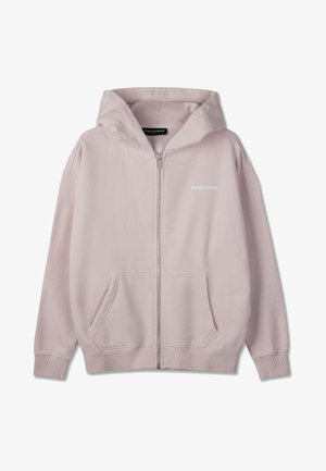 Vaaleabeige vetoketjullinen huppari, jossa on edessä tasku, resorit hihansuissa ja helmassa, pieni "PEGADOR"-logo vasemmassa rinnassa ja kiinnitetty huppu.