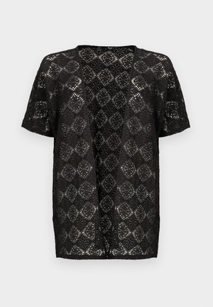 Zwarte korte mouwen open cardigan met een verfijnd kanten patroon en een door bloemen geïnspireerd geometrisch ontwerp.
