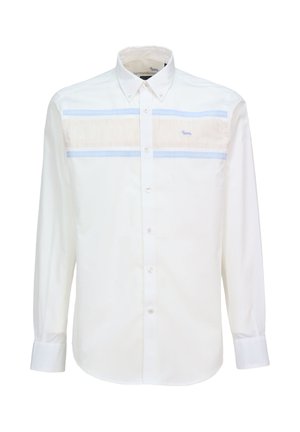 Camicia bianca a maniche lunghe con colletto abbottonato, caratterizzata da un motivo a strisce orizzontali beige chiaro e blu sul petto.