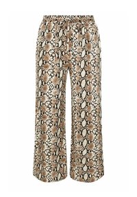 Leveillä lahkeilla varustetut housut, jotka ovat beige- ja ruskeakirjavia käärmeennahkakuosisia. Valmistettu pehmeästä kankaasta, jossa on joustava vyötärö ja nauhakuja säädettävää istuvuutta varten.