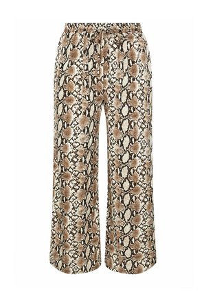 Pantaloni a gamba larga in stampa serpente beige e marrone. Realizzati in tessuto morbido con vita elasticizzata e lacci per una vestibilità regolabile.