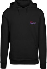 Felpa nera con cappuccio in tessuto morbido, dotata di tasca frontale, cappuccio con cordoncino e logo "NEO MACH" in rosso e viola sul lato sinistro del petto.