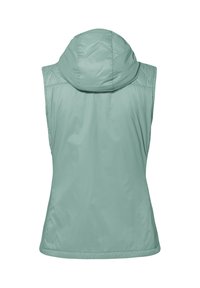 Ärmellose hellgrüne Kapuzenweste, Rückansicht, mit glattem Stoff und einfachen Nahtdetails.