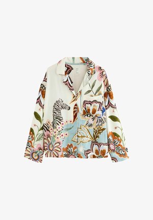 Košile s dlouhými rukávy a květinovým vzorem. Bílý podklad s růžovými, zelenými a hnědými akcenty; obsahuje grafiku zebry a kapsy.